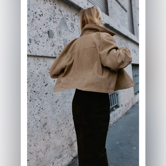 Zara New 100% Leather Suede Collar Jacket Beige NWT - Picture 5 of 14